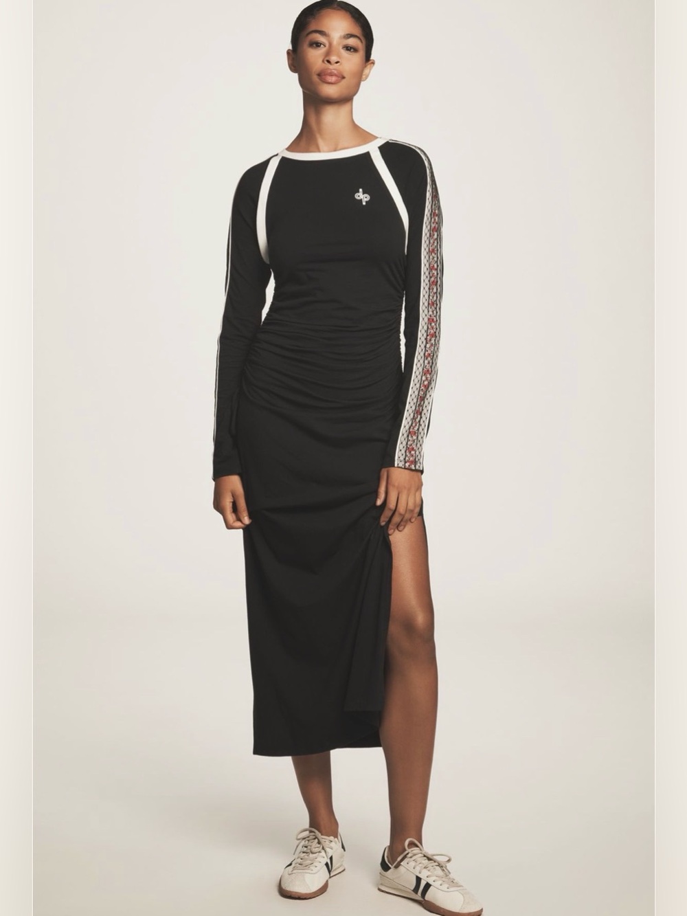 Daily Practice Long-Sleeve Black Midi Dress with Side Slit